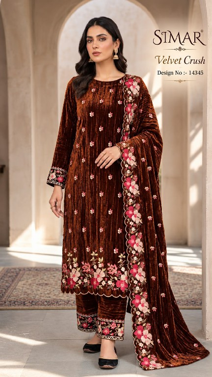 GLOSSY SIMAR VELVET CRUSH D.NO 14345 WHOLESALE VELVET WINTER SPECIAL UNSTITCH SALWAR SUITS EXPORTER