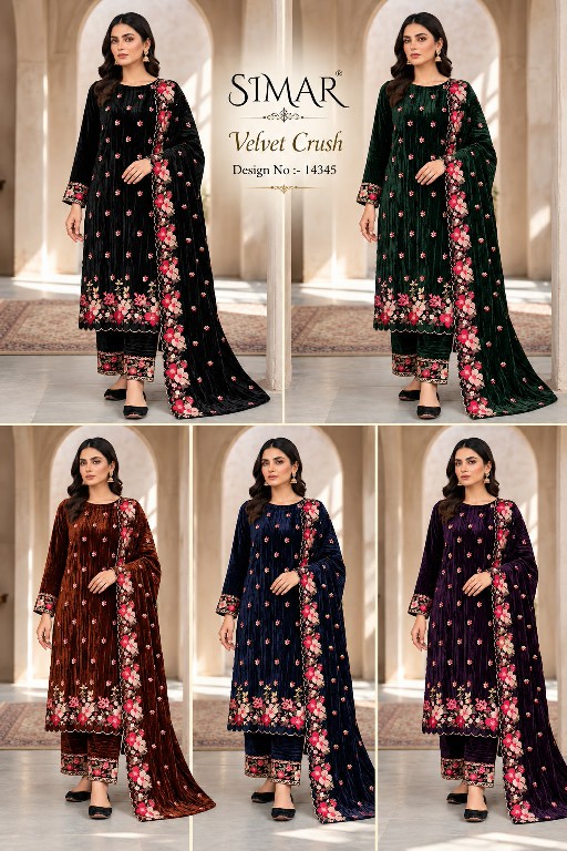 GLOSSY SIMAR VELVET CRUSH D.NO 14345 WHOLESALE VELVET WINTER SPECIAL UNSTITCH SALWAR SUITS EXPORTER