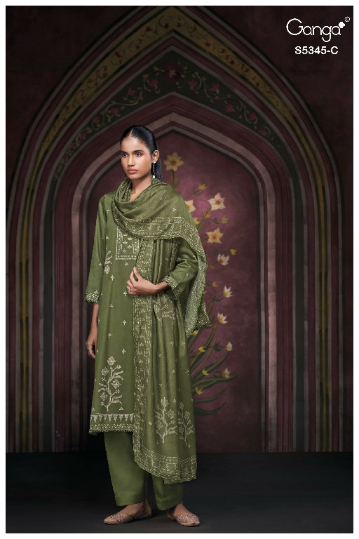 GANGA ROSCOE S5345 WHOLESALE PURE WOOL PASHMINA WINTER FANCY DESIGN UNSTITCH SALWAR SUITS SUPPLIER
