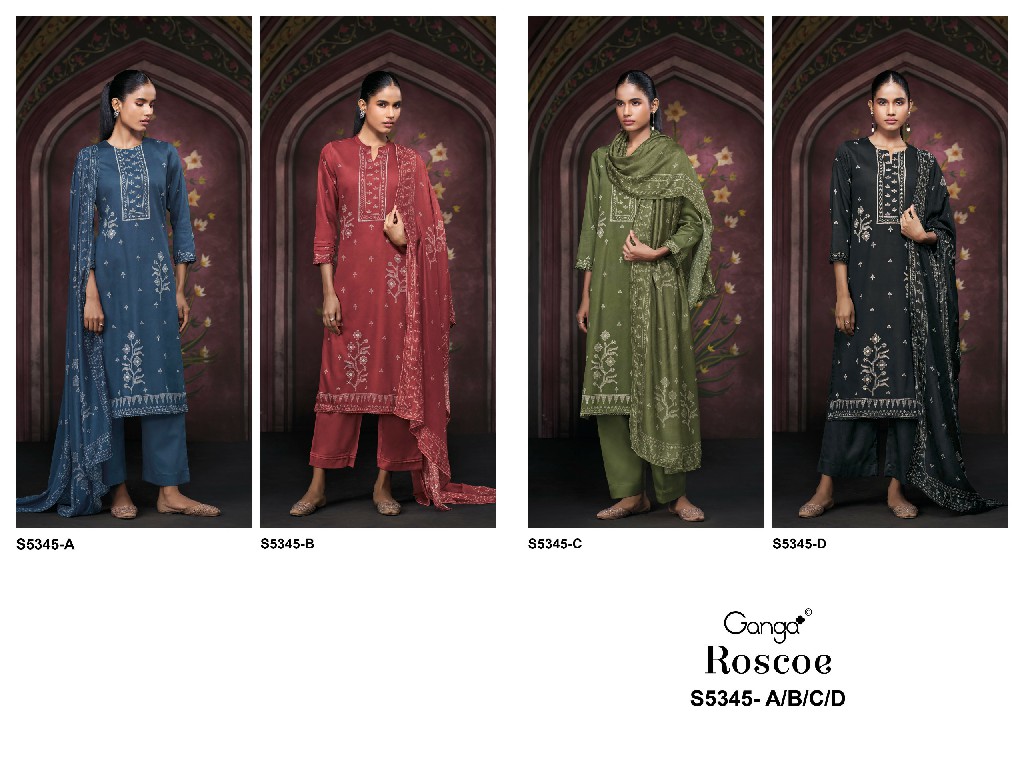 GANGA ROSCOE S5345 WHOLESALE PURE WOOL PASHMINA WINTER FANCY DESIGN UNSTITCH SALWAR SUITS SUPPLIER