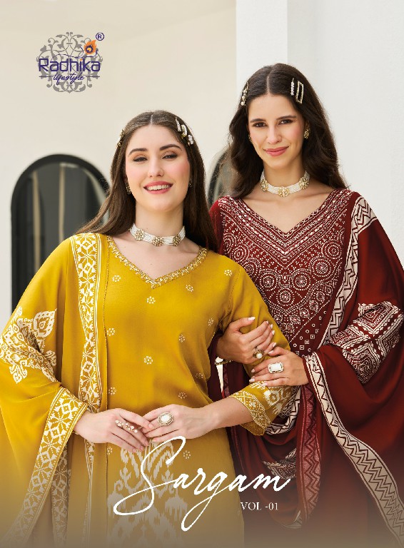 RADHIKA LIFESTYLE SARGAM VOL 1 WHOLESALE READYMADE GAJJI SILK HAND WORK BIG SIZE 3 PCS SUITS SUPPLIER