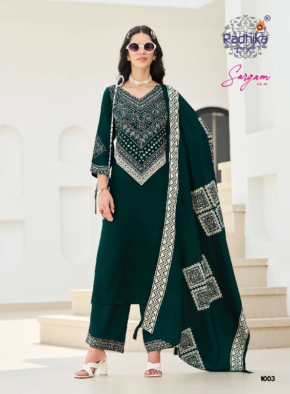 RADHIKA LIFESTYLE SARGAM VOL 1 WHOLESALE READYMADE GAJJI SILK HAND WORK BIG SIZE 3 PCS SUITS SUPPLIER