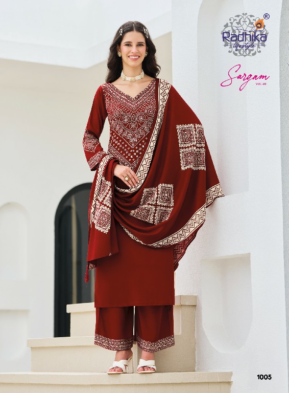 RADHIKA LIFESTYLE SARGAM VOL 1 WHOLESALE READYMADE GAJJI SILK HAND WORK BIG SIZE 3 PCS SUITS SUPPLIER