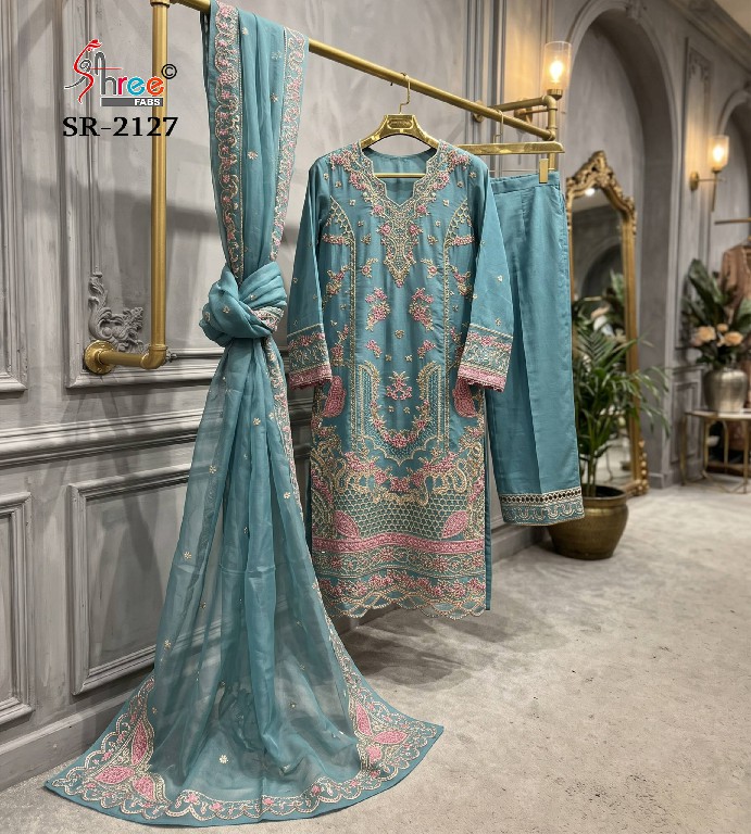 SHREE FABS R-2127 WHOLESALE READYMADE CRISTAL RAGGA CHIFFON LASER WORK DESIGN 3 PCS SUITS EXPORTER