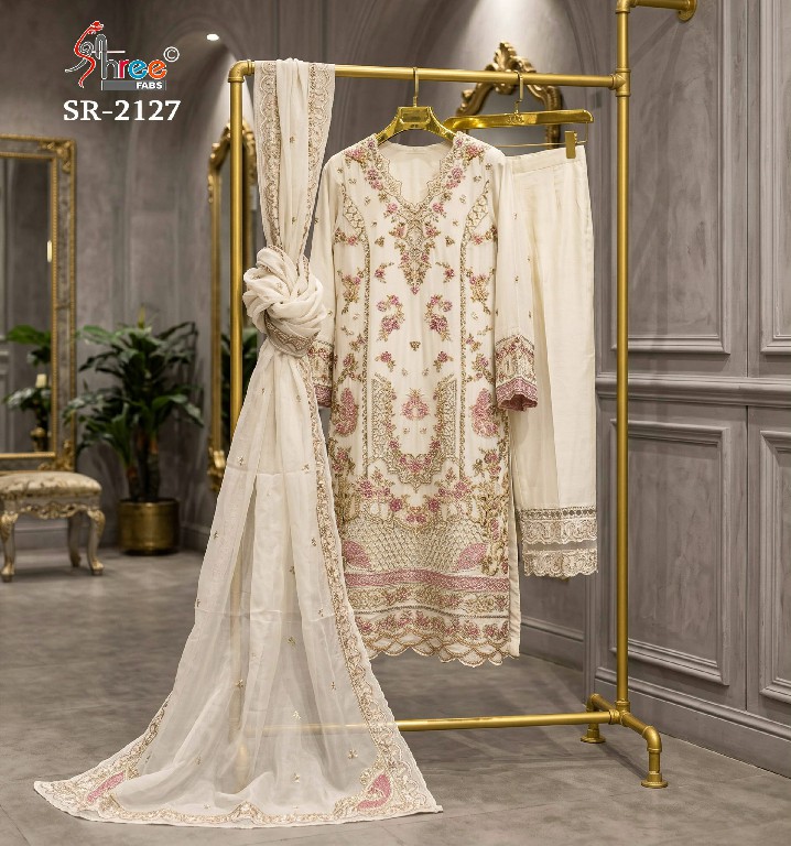 SHREE FABS R-2127 WHOLESALE READYMADE CRISTAL RAGGA CHIFFON LASER WORK DESIGN 3 PCS SUITS EXPORTER