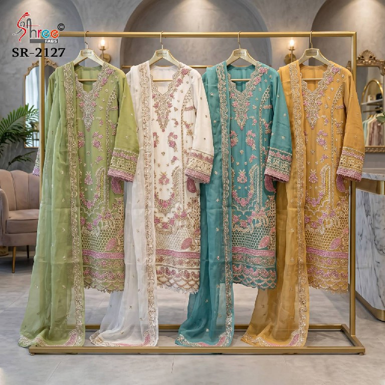 SHREE FABS R-2127 WHOLESALE READYMADE CRISTAL RAGGA CHIFFON LASER WORK DESIGN 3 PCS SUITS EXPORTER