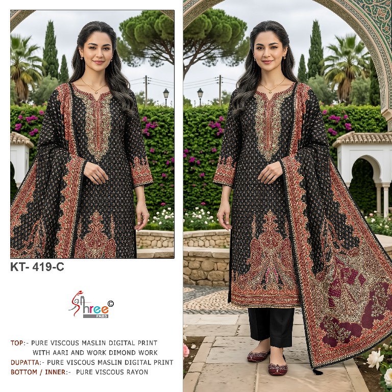 SHREE FABS D.NO KT-419 WHOLESALE VISCOSE MUSLIN BEAUTIFUL DESIGN UNSTITCH SALWAR SUITS EXPORTER