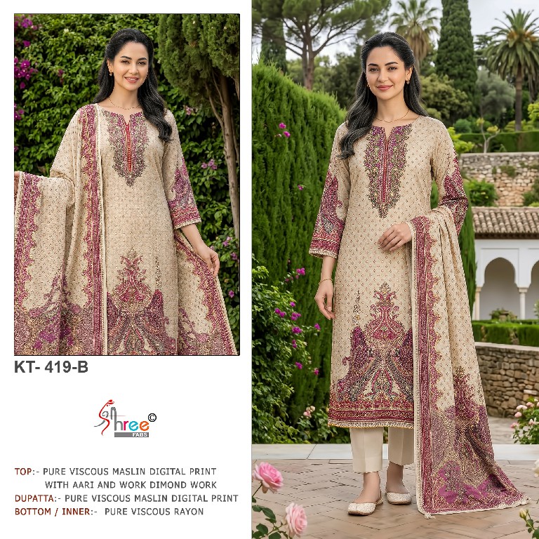 SHREE FABS D.NO KT-419 WHOLESALE VISCOSE MUSLIN BEAUTIFUL DESIGN UNSTITCH SALWAR SUITS EXPORTER