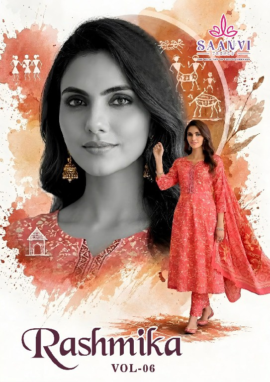 SAANVI TRENDS RASHMIKA VOL 6 WHOLESALE READYMADE COTTON PRINTED ANARKALI STYLE 3 PCS SUITS SUPPLIER