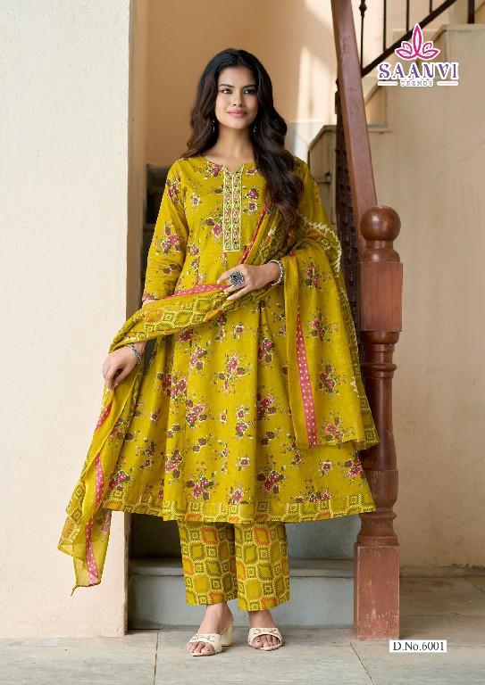 SAANVI TRENDS RASHMIKA VOL 6 WHOLESALE READYMADE COTTON PRINTED ANARKALI STYLE 3 PCS SUITS SUPPLIER