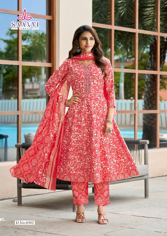 SAANVI TRENDS RASHMIKA VOL 6 WHOLESALE READYMADE COTTON PRINTED ANARKALI STYLE 3 PCS SUITS SUPPLIER