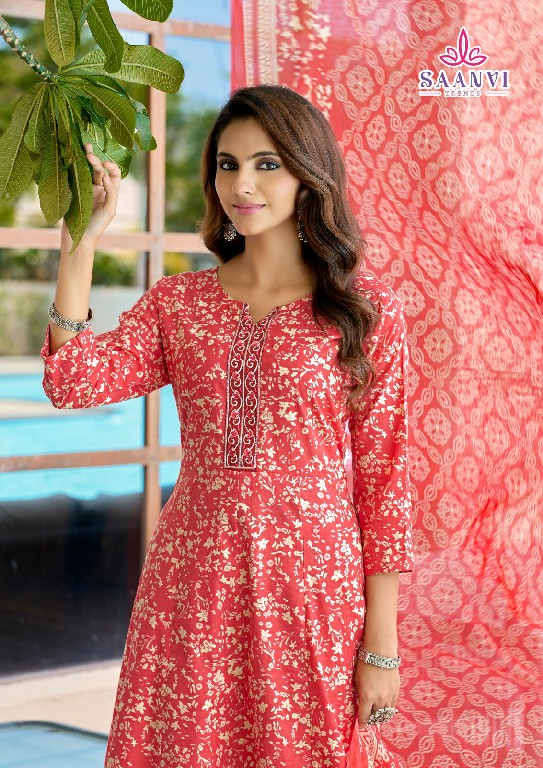 SAANVI TRENDS RASHMIKA VOL 6 WHOLESALE READYMADE COTTON PRINTED ANARKALI STYLE 3 PCS SUITS SUPPLIER