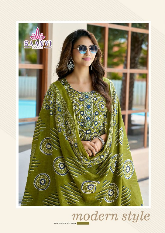 SAANVI TRENDS RASHMIKA VOL 6 WHOLESALE READYMADE COTTON PRINTED ANARKALI STYLE 3 PCS SUITS SUPPLIER