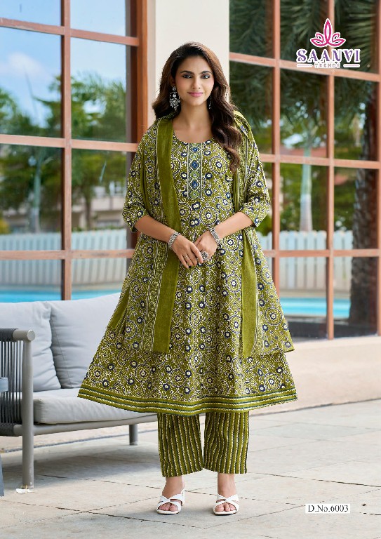 SAANVI TRENDS RASHMIKA VOL 6 WHOLESALE READYMADE COTTON PRINTED ANARKALI STYLE 3 PCS SUITS SUPPLIER
