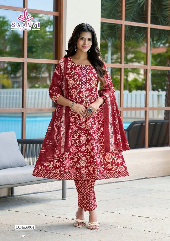 SAANVI TRENDS RASHMIKA VOL 6 WHOLESALE READYMADE COTTON PRINTED ANARKALI STYLE 3 PCS SUITS SUPPLIER