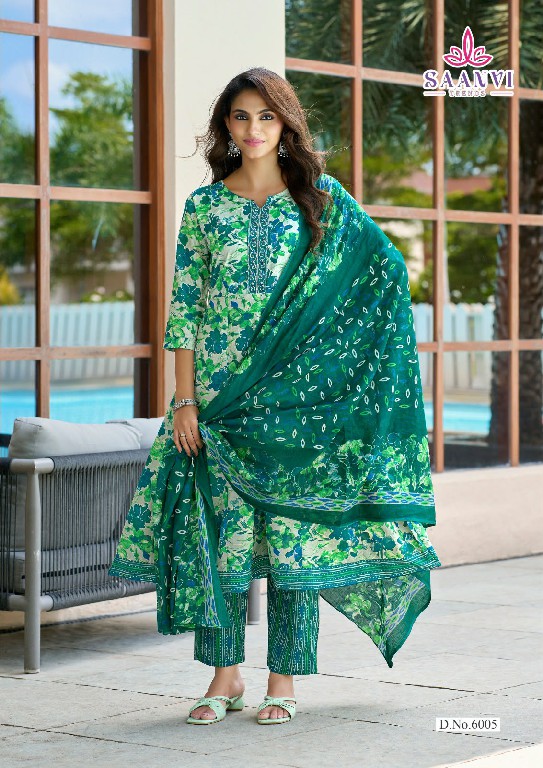 SAANVI TRENDS RASHMIKA VOL 6 WHOLESALE READYMADE COTTON PRINTED ANARKALI STYLE 3 PCS SUITS SUPPLIER