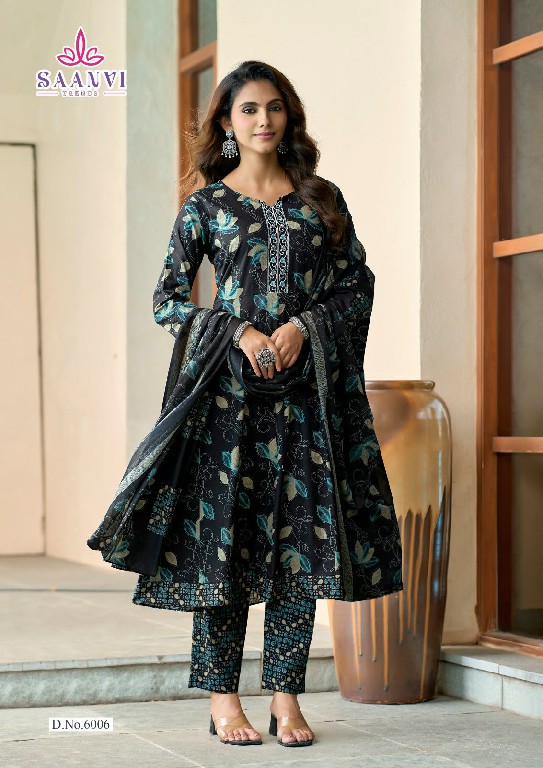 SAANVI TRENDS RASHMIKA VOL 6 WHOLESALE READYMADE COTTON PRINTED ANARKALI STYLE 3 PCS SUITS SUPPLIER