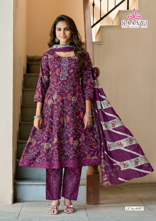 SAANVI TRENDS RASHMIKA VOL 6 WHOLESALE READYMADE COTTON PRINTED ANARKALI STYLE 3 PCS SUITS SUPPLIER