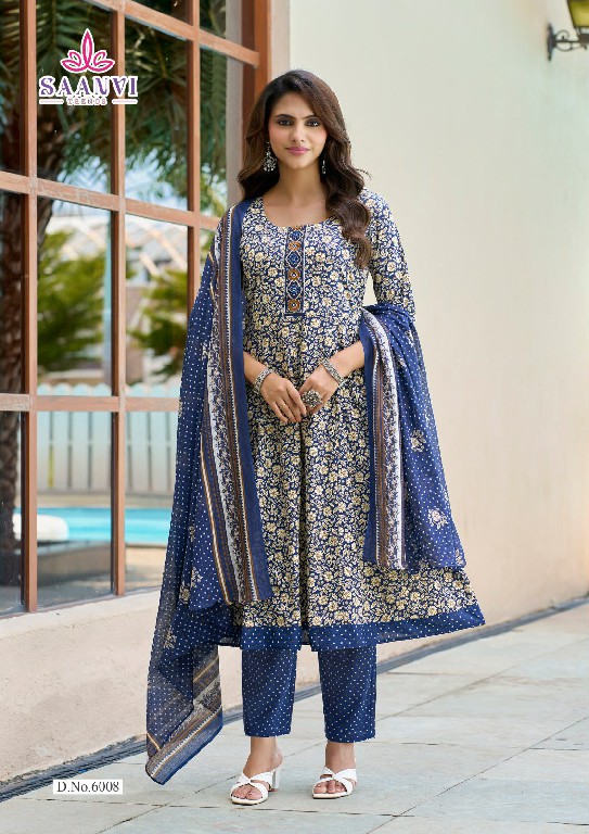 SAANVI TRENDS RASHMIKA VOL 6 WHOLESALE READYMADE COTTON PRINTED ANARKALI STYLE 3 PCS SUITS SUPPLIER