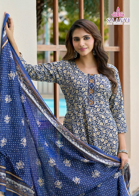 SAANVI TRENDS RASHMIKA VOL 6 WHOLESALE READYMADE COTTON PRINTED ANARKALI STYLE 3 PCS SUITS SUPPLIER