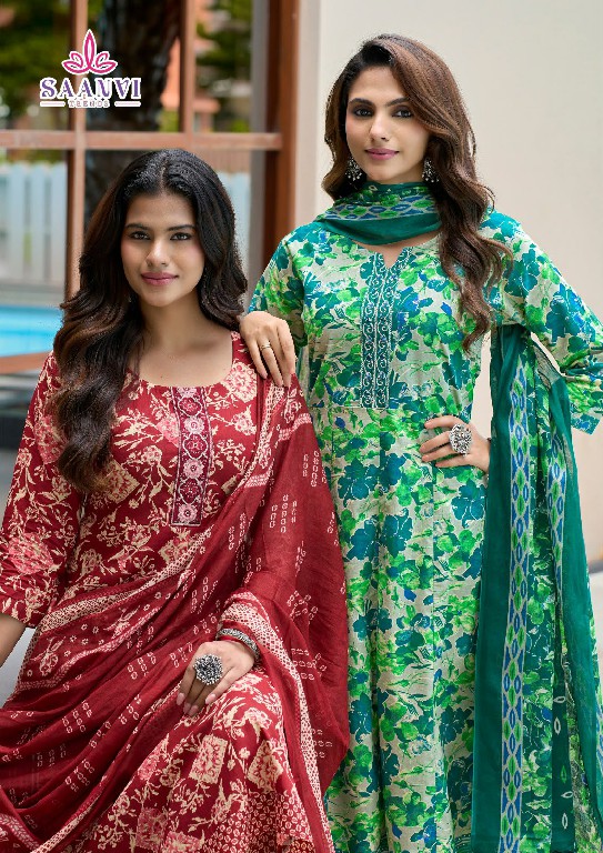 SAANVI TRENDS RASHMIKA VOL 6 WHOLESALE READYMADE COTTON PRINTED ANARKALI STYLE 3 PCS SUITS SUPPLIER