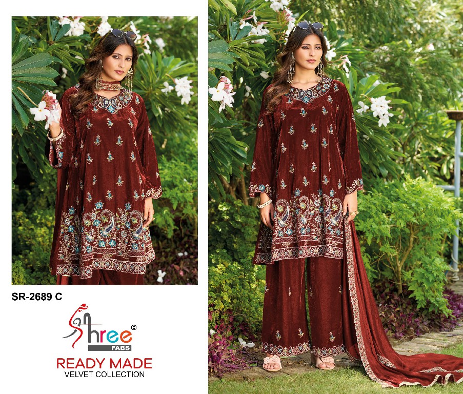 SHREE FABS R-2689 WHOLESALE READYMADE VELVET PAPLON STYLE WINTER WEAR 3 PCS SUITS EXPORTER