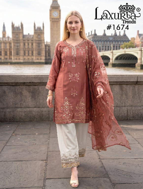 LAXURIA TRENDZ D.NO 1674 WHOLESALE READYMADE SATIN ELEGANCE 3 PCS SUITS SUPPLIER