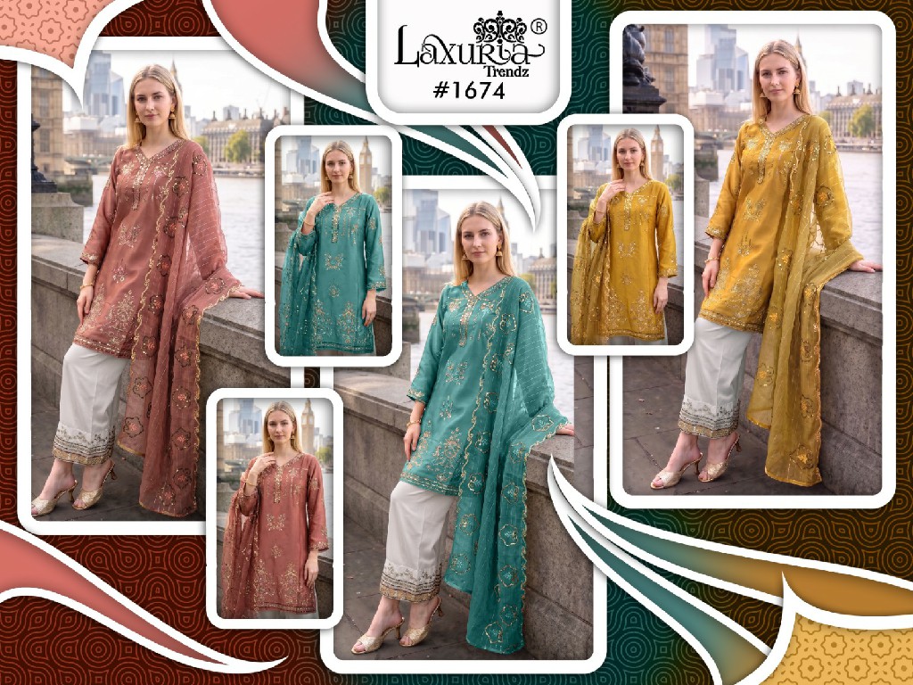 LAXURIA TRENDZ D.NO 1674 WHOLESALE READYMADE SATIN ELEGANCE 3 PCS SUITS SUPPLIER