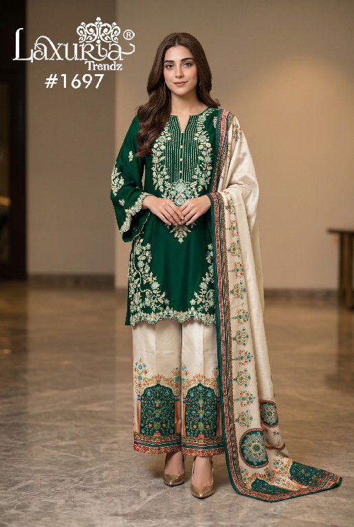LAXURIA TRENDZ D.NO 1697 WHOLESALE READYMADE RAYON SATIN DESIGNER 3 PCS SUITS FOR EXPORT