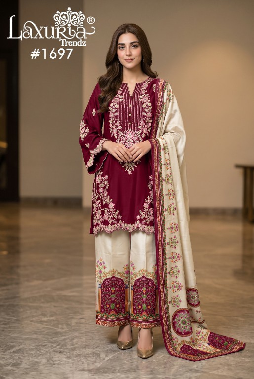 LAXURIA TRENDZ D.NO 1697 WHOLESALE READYMADE RAYON SATIN DESIGNER 3 PCS SUITS FOR EXPORT