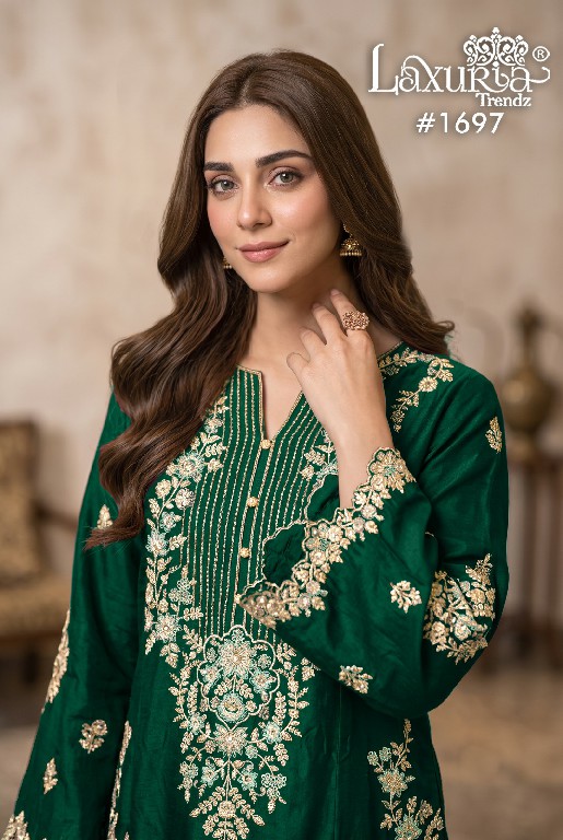 LAXURIA TRENDZ D.NO 1697 WHOLESALE READYMADE RAYON SATIN DESIGNER 3 PCS SUITS FOR EXPORT