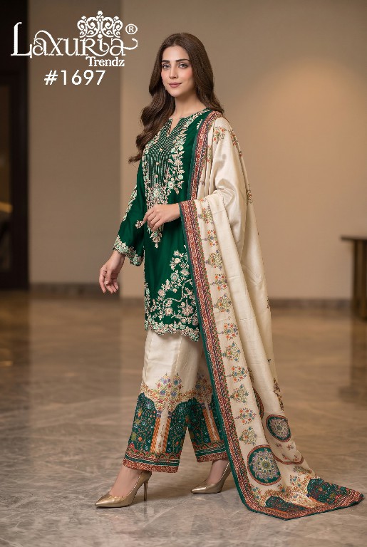 LAXURIA TRENDZ D.NO 1697 WHOLESALE READYMADE RAYON SATIN DESIGNER 3 PCS SUITS FOR EXPORT