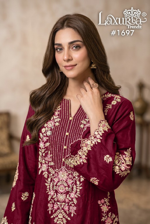 LAXURIA TRENDZ D.NO 1697 WHOLESALE READYMADE RAYON SATIN DESIGNER 3 PCS SUITS FOR EXPORT