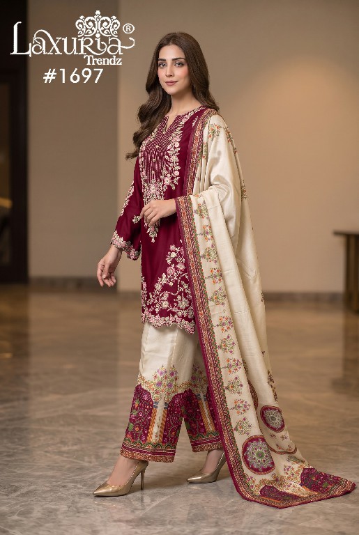 LAXURIA TRENDZ D.NO 1697 WHOLESALE READYMADE RAYON SATIN DESIGNER 3 PCS SUITS FOR EXPORT