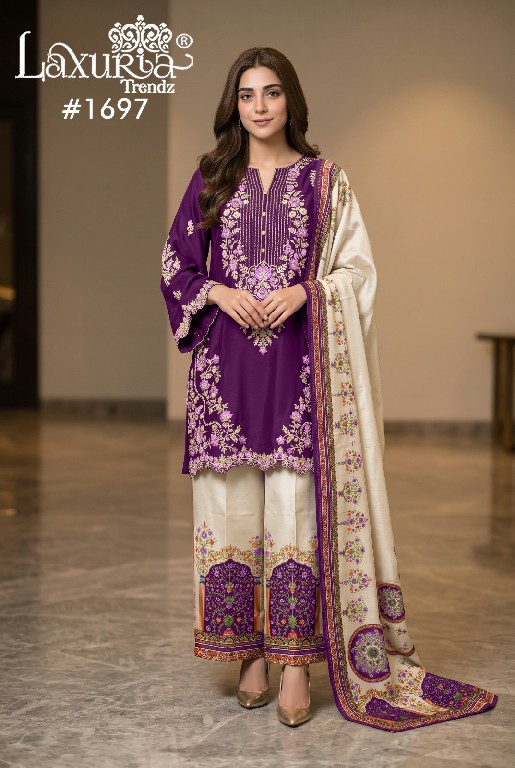 LAXURIA TRENDZ D.NO 1697 WHOLESALE READYMADE RAYON SATIN DESIGNER 3 PCS SUITS FOR EXPORT