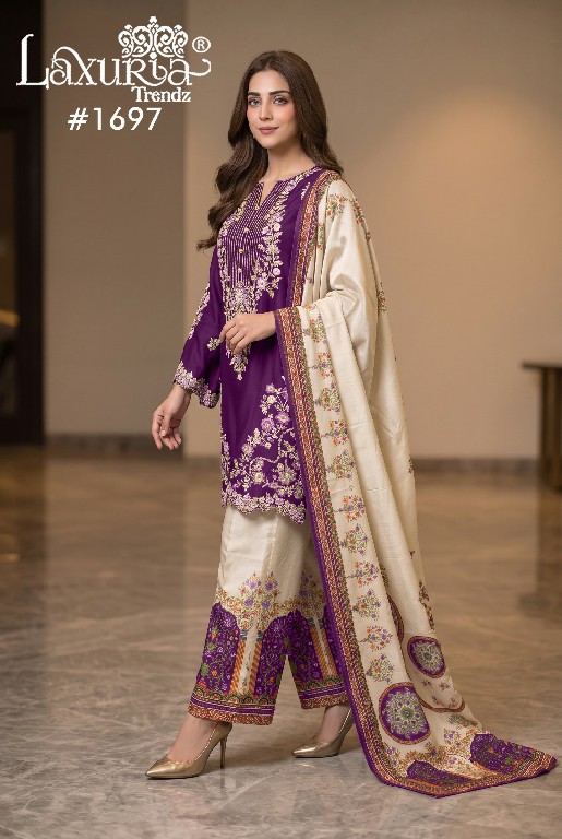 LAXURIA TRENDZ D.NO 1697 WHOLESALE READYMADE RAYON SATIN DESIGNER 3 PCS SUITS FOR EXPORT