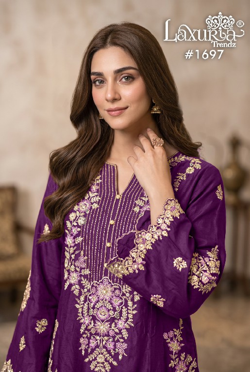 LAXURIA TRENDZ D.NO 1697 WHOLESALE READYMADE RAYON SATIN DESIGNER 3 PCS SUITS FOR EXPORT