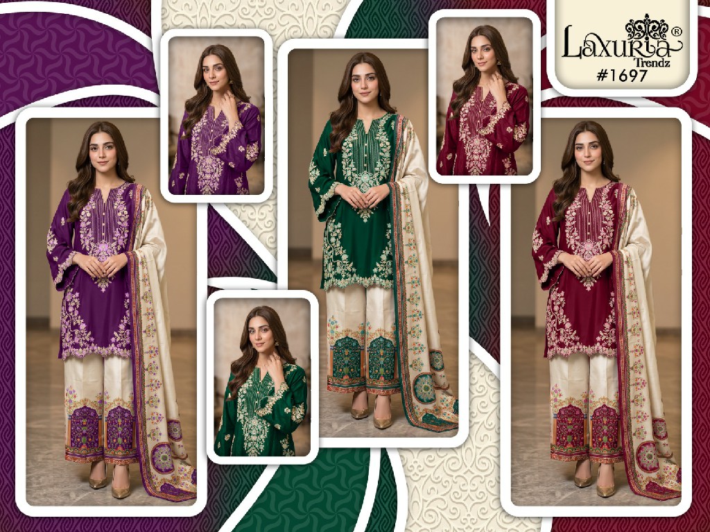 LAXURIA TRENDZ D.NO 1697 WHOLESALE READYMADE RAYON SATIN DESIGNER 3 PCS SUITS FOR EXPORT
