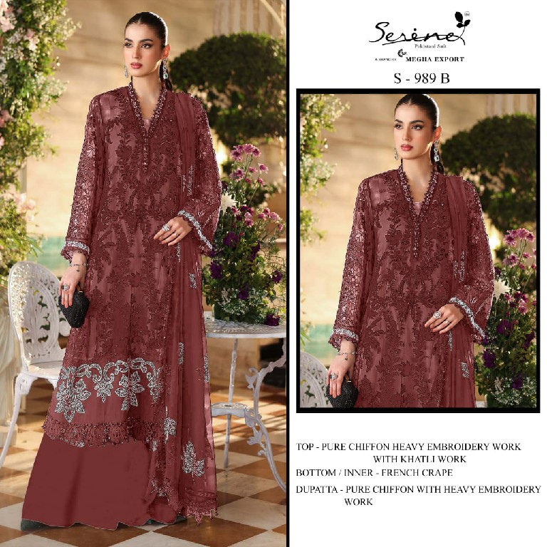 SERINE D.NO 989 WHOLESALE PURE CHIFFON SILK PAKISTANI HIT DESIGN UNSTITCH SALWAR SUITS EXPORTER