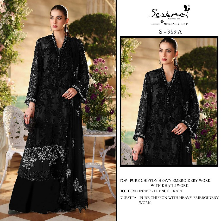 SERINE D.NO 989 WHOLESALE PURE CHIFFON SILK PAKISTANI HIT DESIGN UNSTITCH SALWAR SUITS EXPORTER
