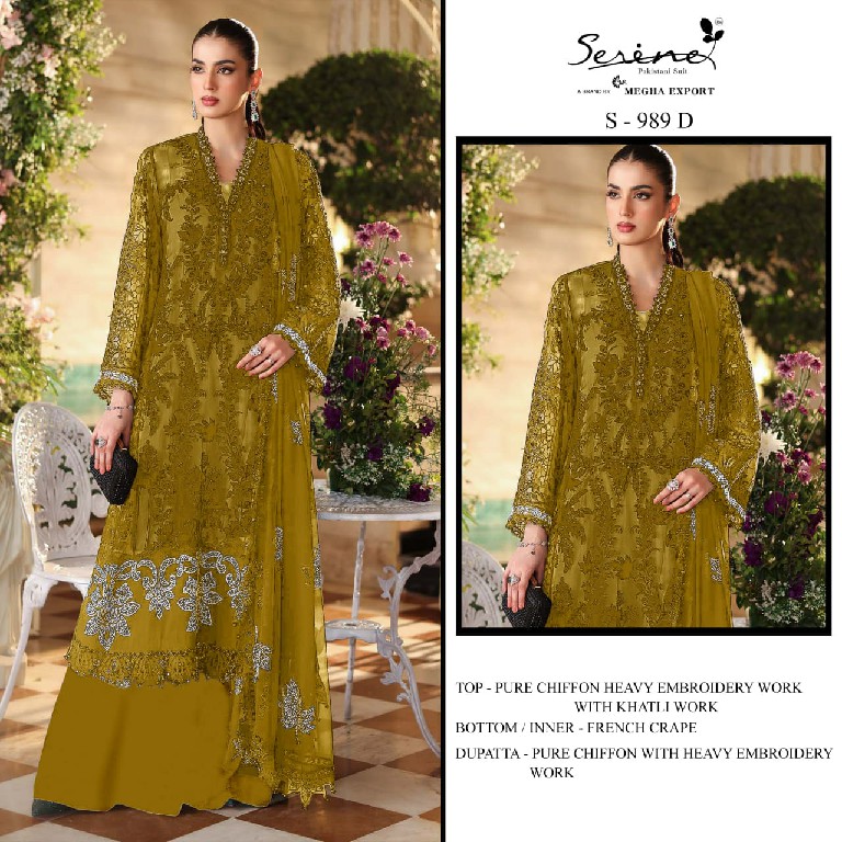 SERINE D.NO 989 WHOLESALE PURE CHIFFON SILK PAKISTANI HIT DESIGN UNSTITCH SALWAR SUITS EXPORTER