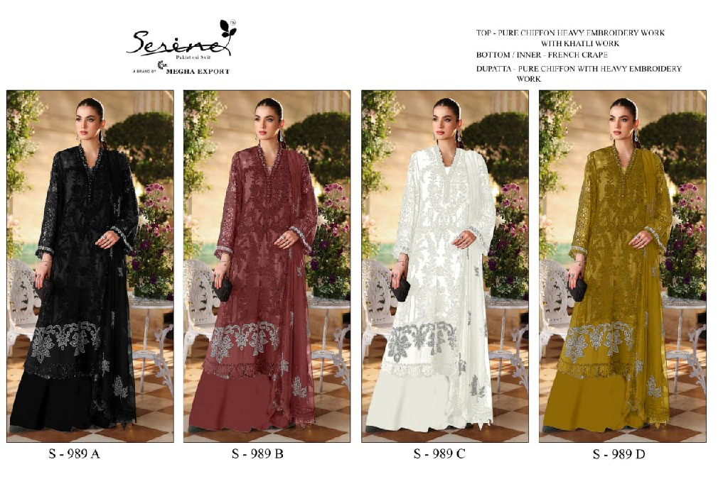 SERINE D.NO 989 WHOLESALE PURE CHIFFON SILK PAKISTANI HIT DESIGN UNSTITCH SALWAR SUITS EXPORTER