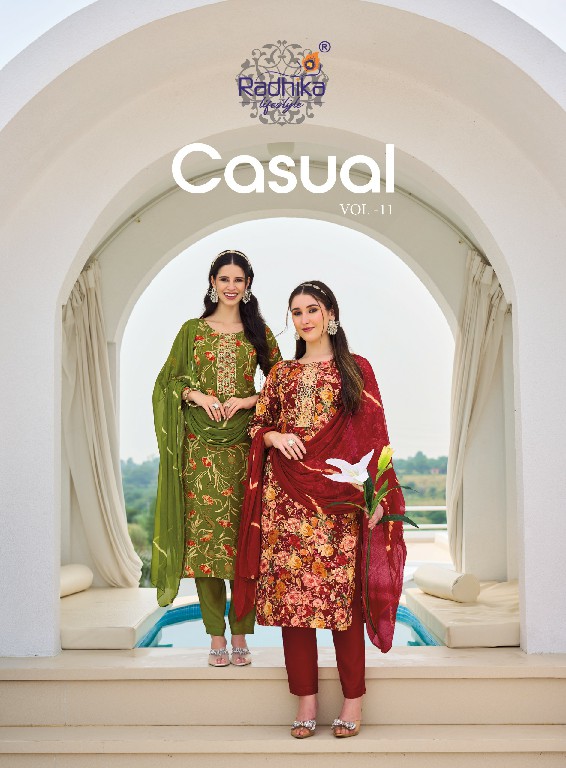 RADHIKA LIFESTYLE CASUAL VOL 11 WHOLESALE READYMADE RAYON WITH WORK BIG SIZE PRETTY LOOK 3 PCS SUITS SUPPLIER