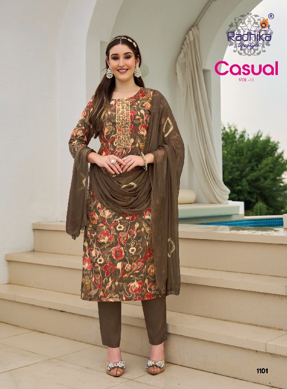RADHIKA LIFESTYLE CASUAL VOL 11 WHOLESALE READYMADE RAYON WITH WORK BIG SIZE PRETTY LOOK 3 PCS SUITS SUPPLIER