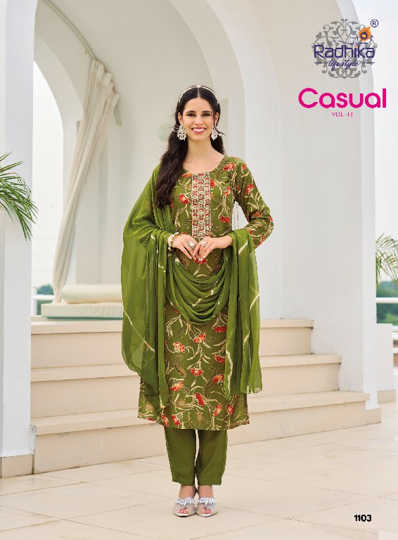 RADHIKA LIFESTYLE CASUAL VOL 11 WHOLESALE READYMADE RAYON WITH WORK BIG SIZE PRETTY LOOK 3 PCS SUITS SUPPLIER