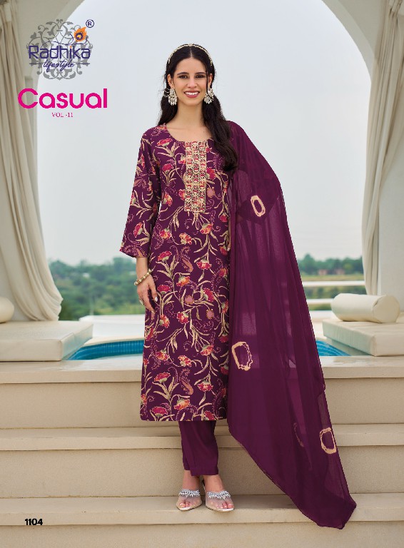 RADHIKA LIFESTYLE CASUAL VOL 11 WHOLESALE READYMADE RAYON WITH WORK BIG SIZE PRETTY LOOK 3 PCS SUITS SUPPLIER