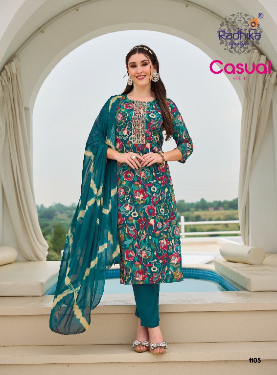 RADHIKA LIFESTYLE CASUAL VOL 11 WHOLESALE READYMADE RAYON WITH WORK BIG SIZE PRETTY LOOK 3 PCS SUITS SUPPLIER