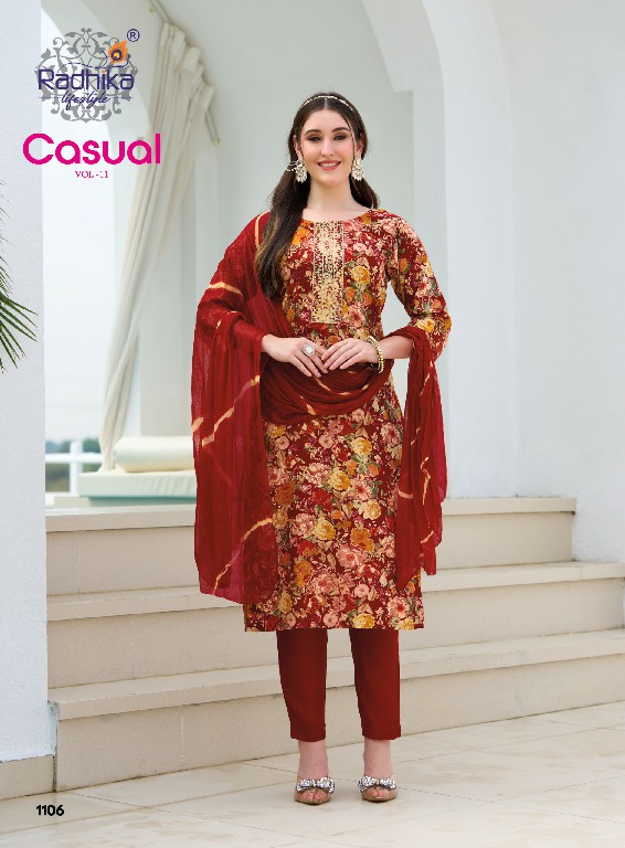 RADHIKA LIFESTYLE CASUAL VOL 11 WHOLESALE READYMADE RAYON WITH WORK BIG SIZE PRETTY LOOK 3 PCS SUITS SUPPLIER