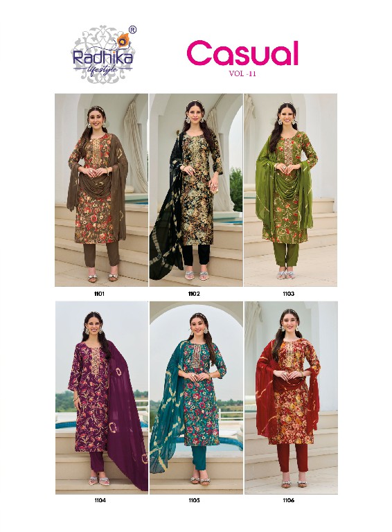 RADHIKA LIFESTYLE CASUAL VOL 11 WHOLESALE READYMADE RAYON WITH WORK BIG SIZE PRETTY LOOK 3 PCS SUITS SUPPLIER