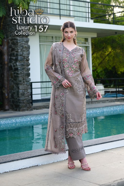 HIBA STUDIO D.NO LPC-157 COLOR WHOLESALE READYMADE ORGANZA PRETTY LOOK 3 PCS COMBO SET SUITS FOR EXPORT